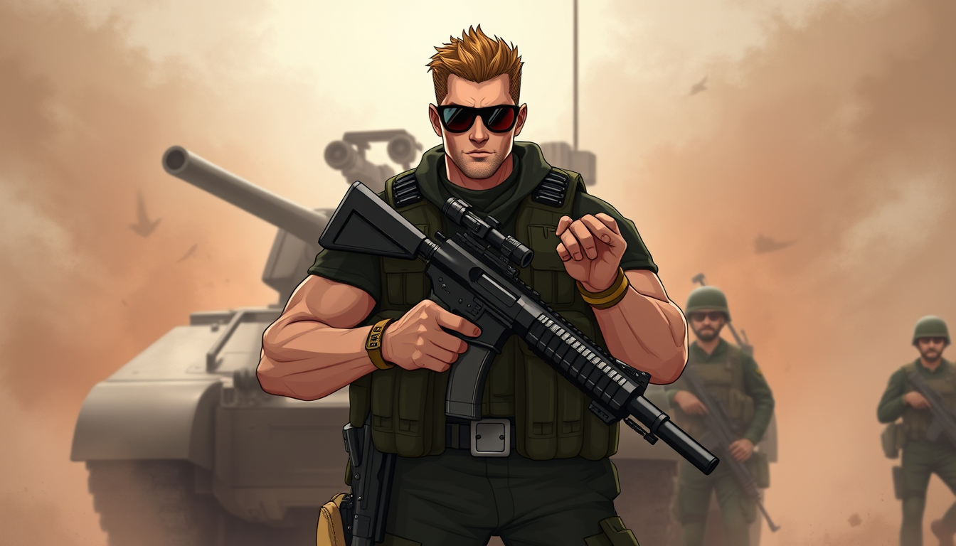 Characters idea: an original character defined by silhouette, role, outfit, palette, and expression, deliberate composition, a fit muscular soldier with a machine gun