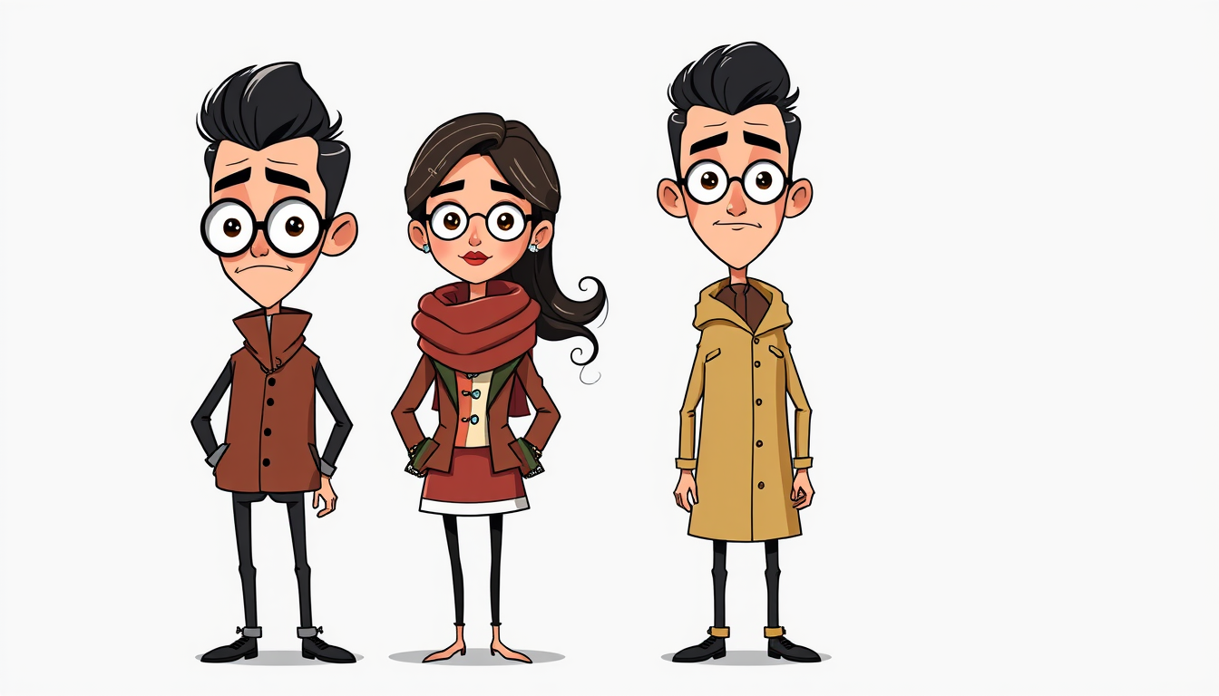 Characters idea: original character design, detailed outfit and accessories, expressive personality, Funny 2D cartoon man and woman, very thin bodies, huge round eyes,