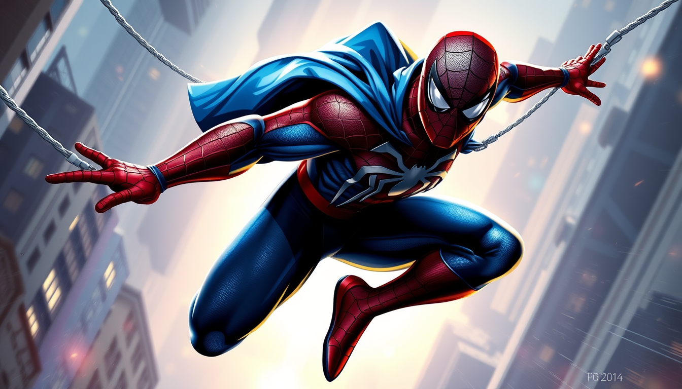 Superhero idea created from the prompt: original superhero character design, dynamic pose, bold costume, dramatic lighting, comic art energy, Spiderman se balançant avec sur lui un
