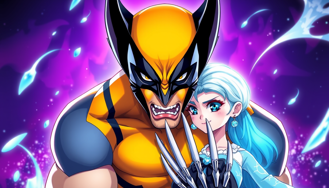 Anime idea: anime style, vibrant colors, expressive eyes, ayudame craendo una imagen de un wolverine gordo con vestido corto azul de elsa de frozen, y las piernas