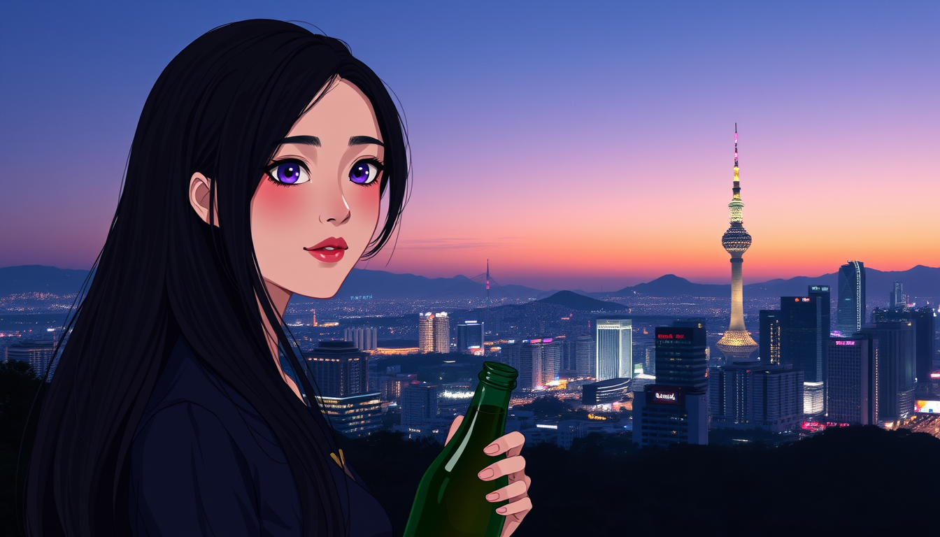 Main art studio: Un paysage de Séoul (Corée du Sud) ou on voit la N Seoul Tower et quelques immeuble (c'est le soir/nuit) et une ado aux cheveux longs noirs et aux yeu