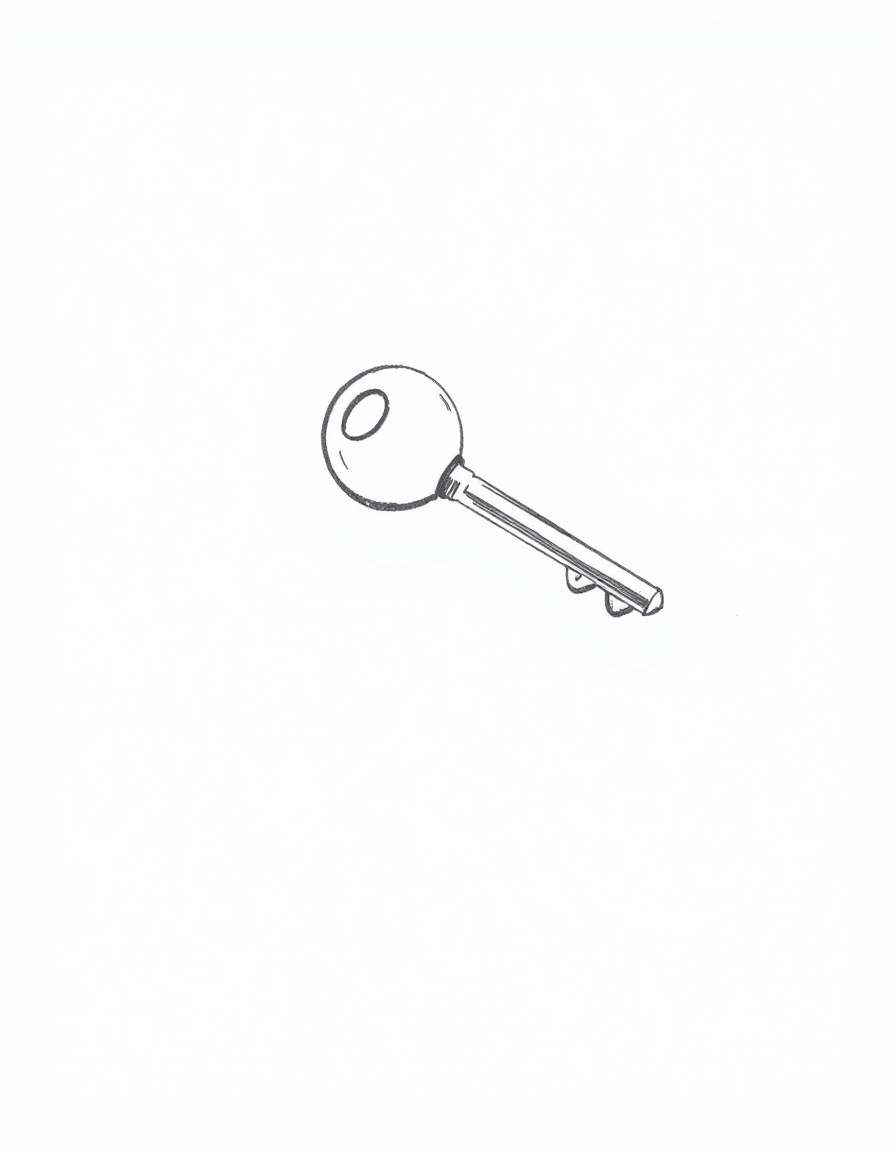 Main art studio: Minimalist black and white pencil sketch of a single ordinary house key lying on a clean white surface. The key teeth are clearly visible and emphasiz