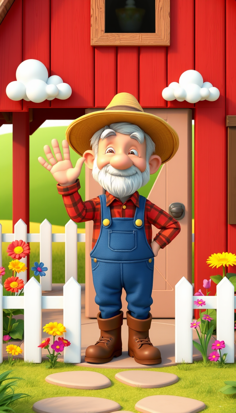 Main art studio: Cute friendly elderly farmer named Old MacDonald wearing blue overalls, a red plaid shirt, brown boots and a straw hat, standing outside a charming re