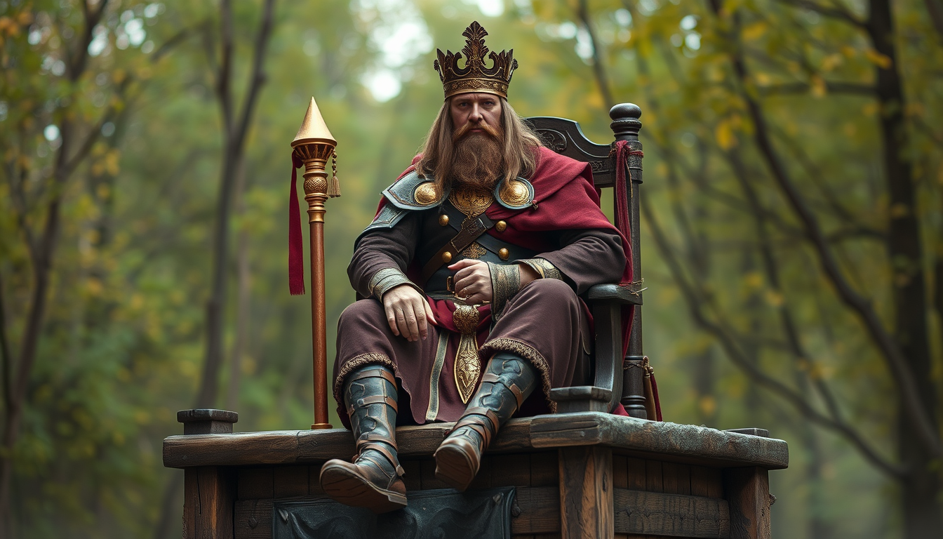 Main art studio: mithyc mmo type general sitting on a medieval trhone made of wood and gold