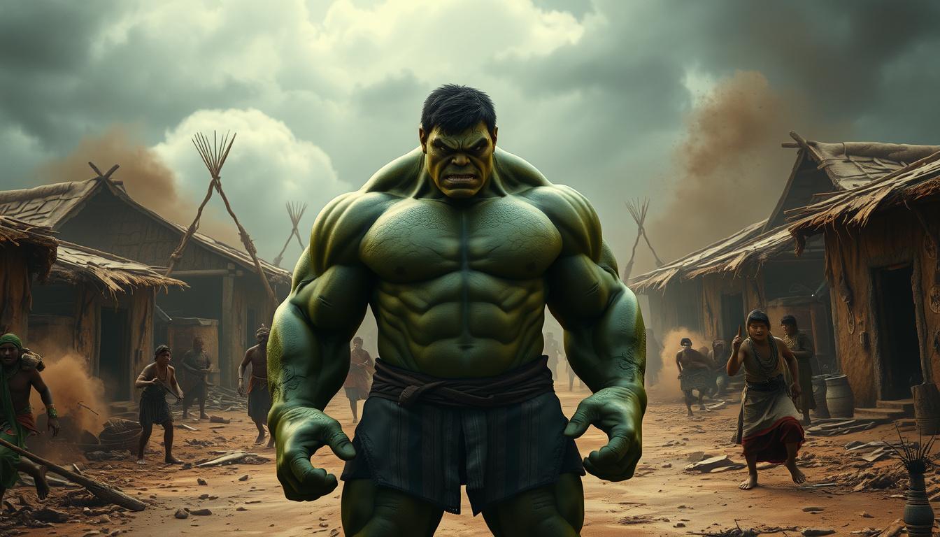 Main art studio: Ultra realistic 3D Hulk standing in a destroyed Indian village, dangerous enemies attacking, villagers running in fear, broken mud houses, dust and sm