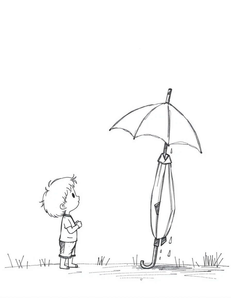Main art studio: A cute little boy standing beside a closed umbrella leaning against a wall on a sunny day. The umbrella looks slightly sad and lonely, as if it misses