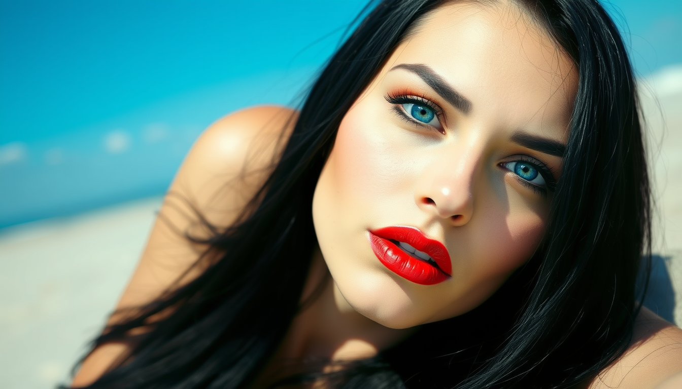 Main art studio: realistic photo, black-haired woman, caucasian, red lips, lying on the sand, blue sky, mysterious blue eyes