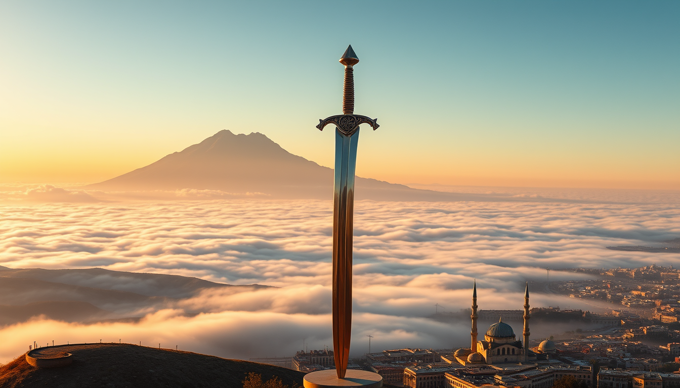 Main art studio: A majestic mountain peak rising above a sea of clouds, overlooking Damascus, Syria. In the foreground stands the famous Damascus Sword monument, a gia