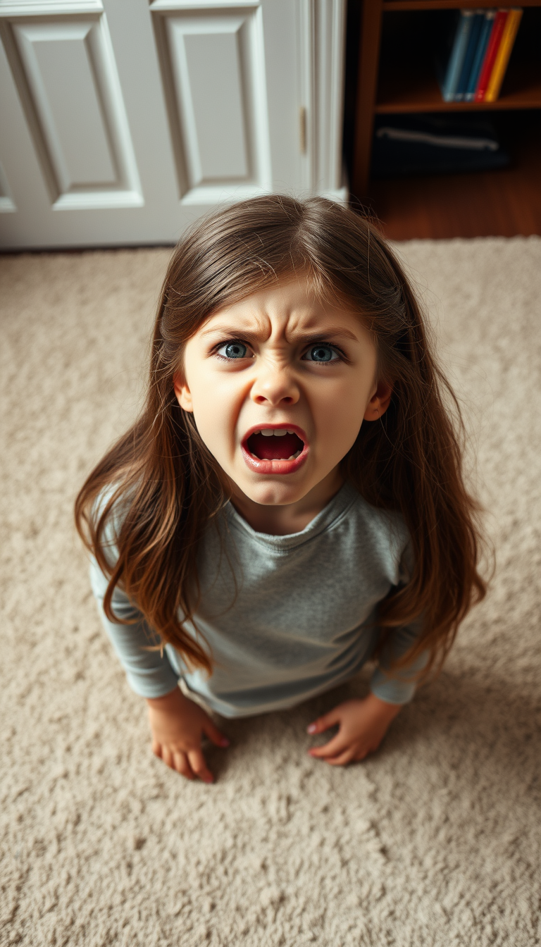 Main art studio: 10 year old girl brown hair standing on carpet with mouth open head tilted back angry wrinkling face, angle from above girl