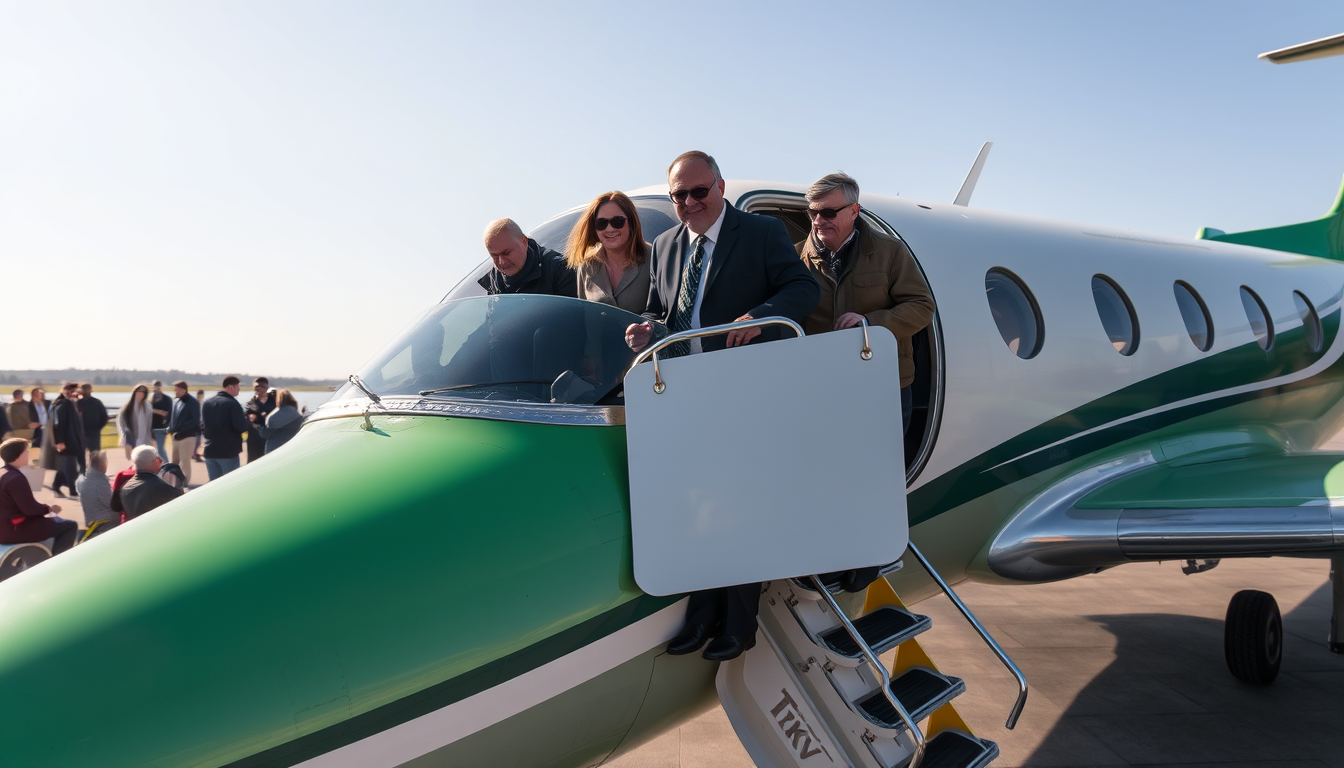 Main art studio: Erstelle ein Bild von einem Privatflugzeug wo drei männer mit sonnenbrille aussteigen. Mit vielen Fans und das Flugzeug in verschiedenen grüntönen und