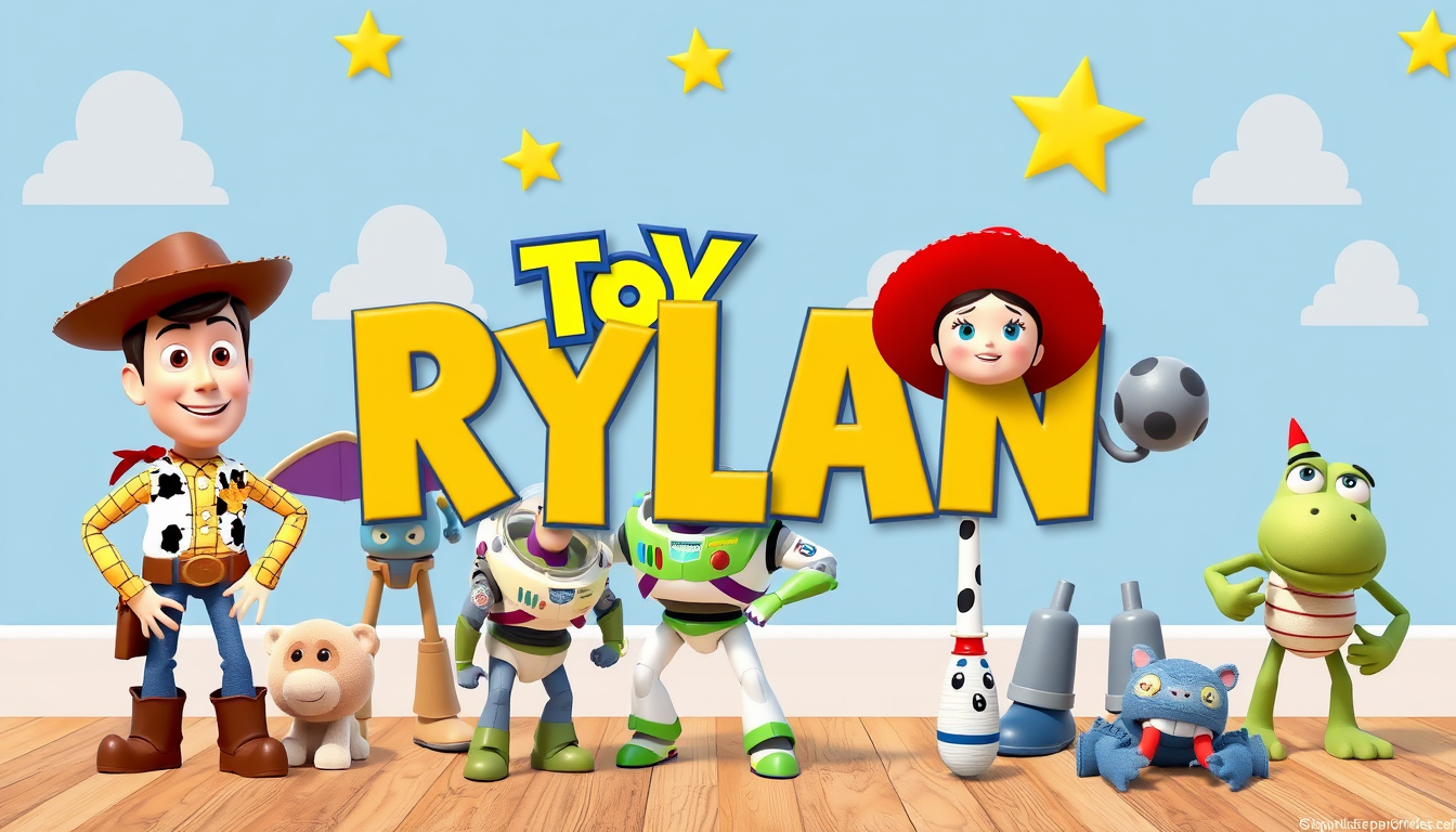 Main art studio: Make a Toy Story themed image with the name Rylan on it make it 8x11 for a 8 year old boy make it 3d and eye catching.Add all Toy Story characters.