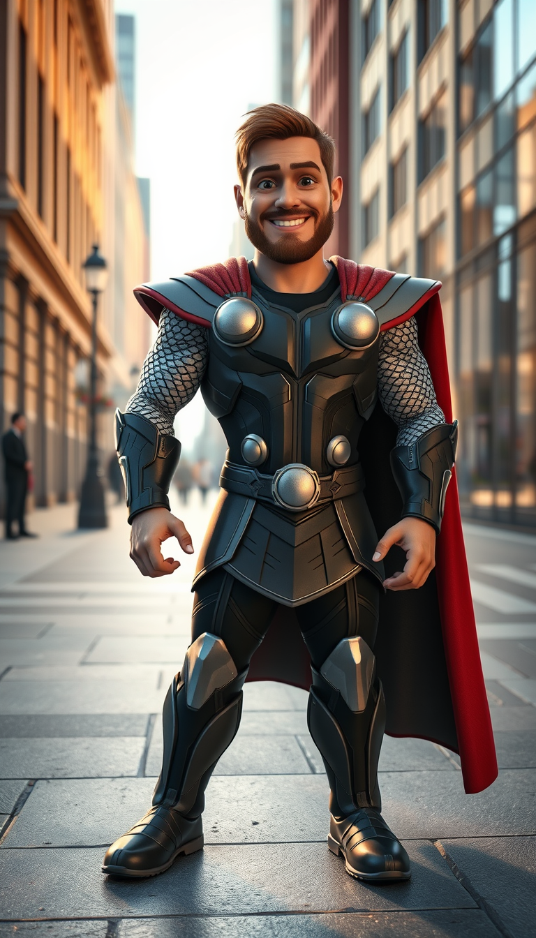 Main art studio: A highly detailed 3D-style scene of Thor standing on a city sidewalk during the daytime, looking directly at the camera with a friendly smile, wearing