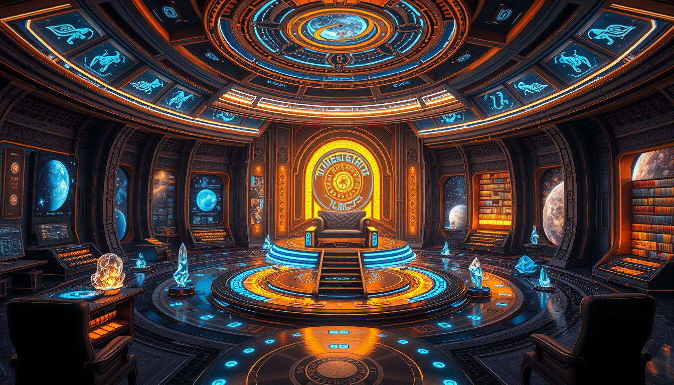 Main art studio: A giant cosmic creator room inside a futuristic palace. A glowing throne, hologram universe controls, portals, planet builder, DNA lab, infinite libra