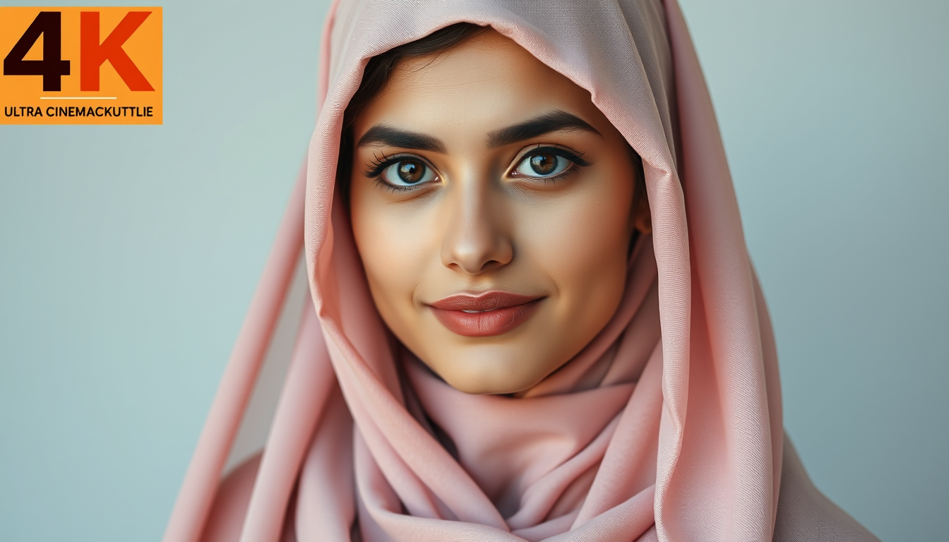 AI Art prompt example created from the prompt: "A beautiful 23-year-old Pakistani woman, wearing a modest pastel-colored hijab and simple shalwar kameez, kind face, natural makeup, realis