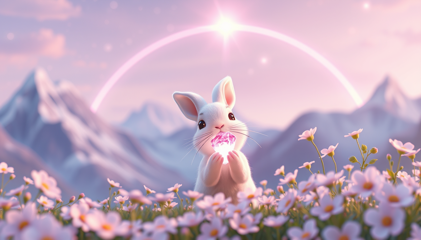 Main art studio: Un adorable petit lapin blanc découvre un mystérieux cristal rose brillant au milieu des fleurs. Il le regarde avec étonnement tandis qu'une lumière m