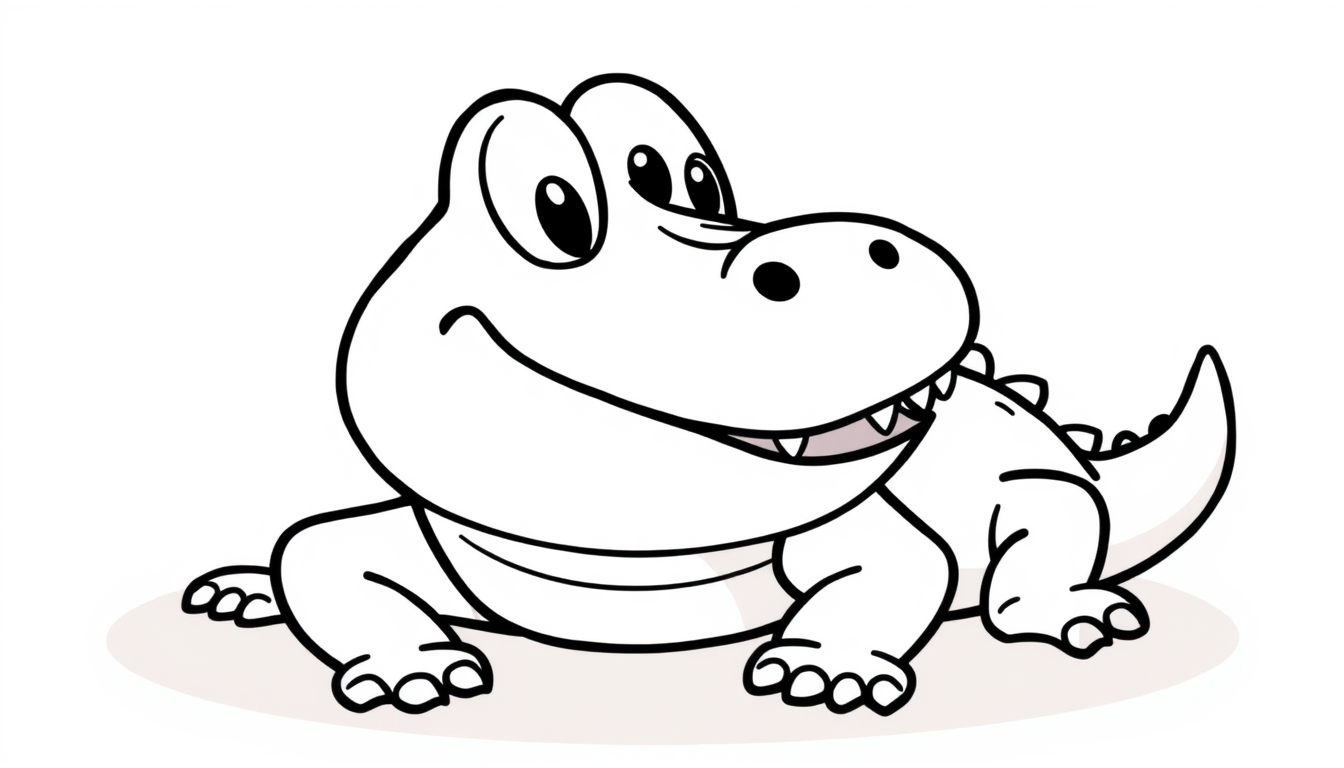 Main art studio: Cute alligator smiling, simple cartoon style, outline for kids coloring book, no background, bold lines, friendly expression