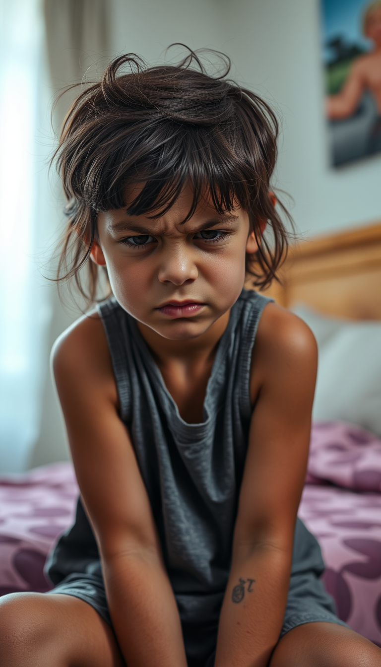 Main art studio: dark tanned 10 year old with girl dark brown hair sitting in a bedroom, head tilted down, very angry and wrinkly, many wrinkles, wrinkled face,