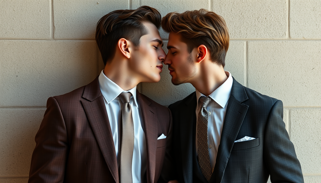 AI Art prompt example created from the prompt: make a man in a suit head to toe with another man right next to him in a suit. Make them sexy and full 3 piece with a crisp white shirt and 