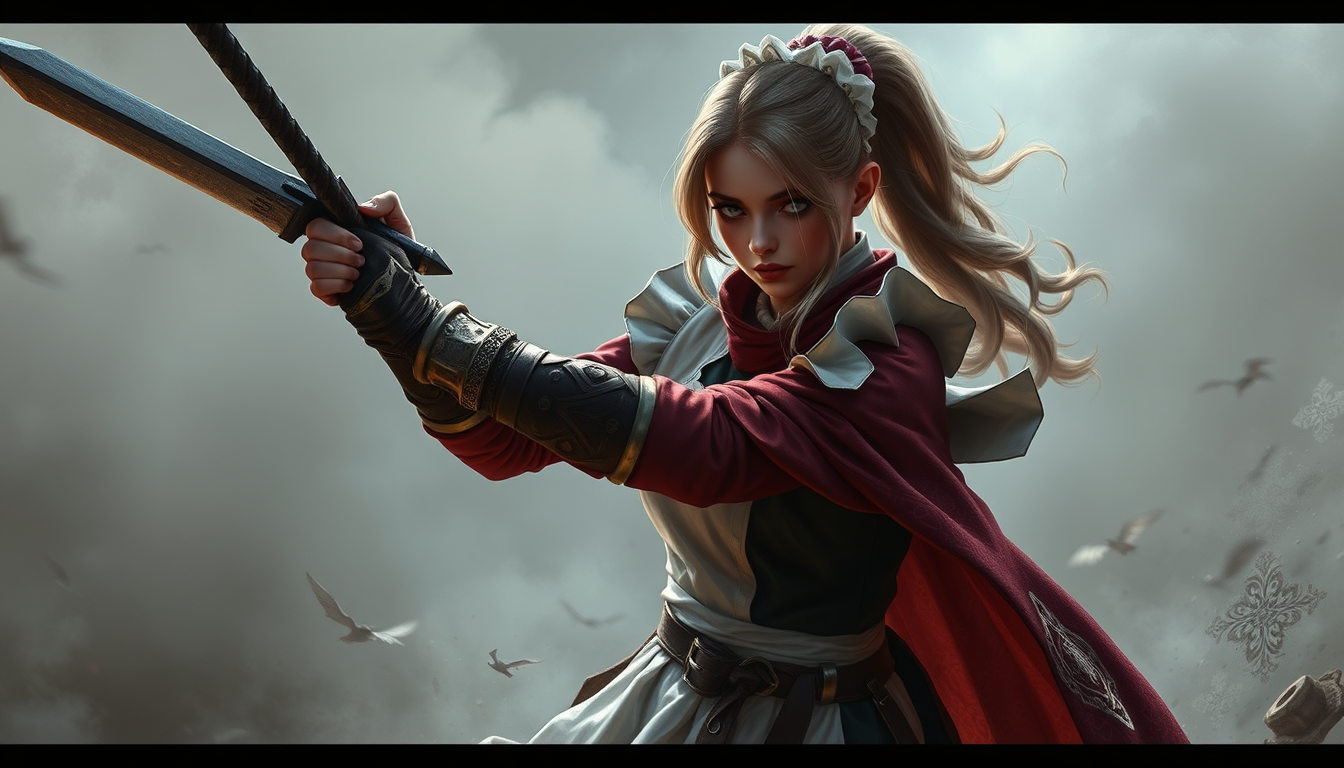 Main art studio: Aiz Wallenstein, vestida de maid usando su espada para salvar a un niño.