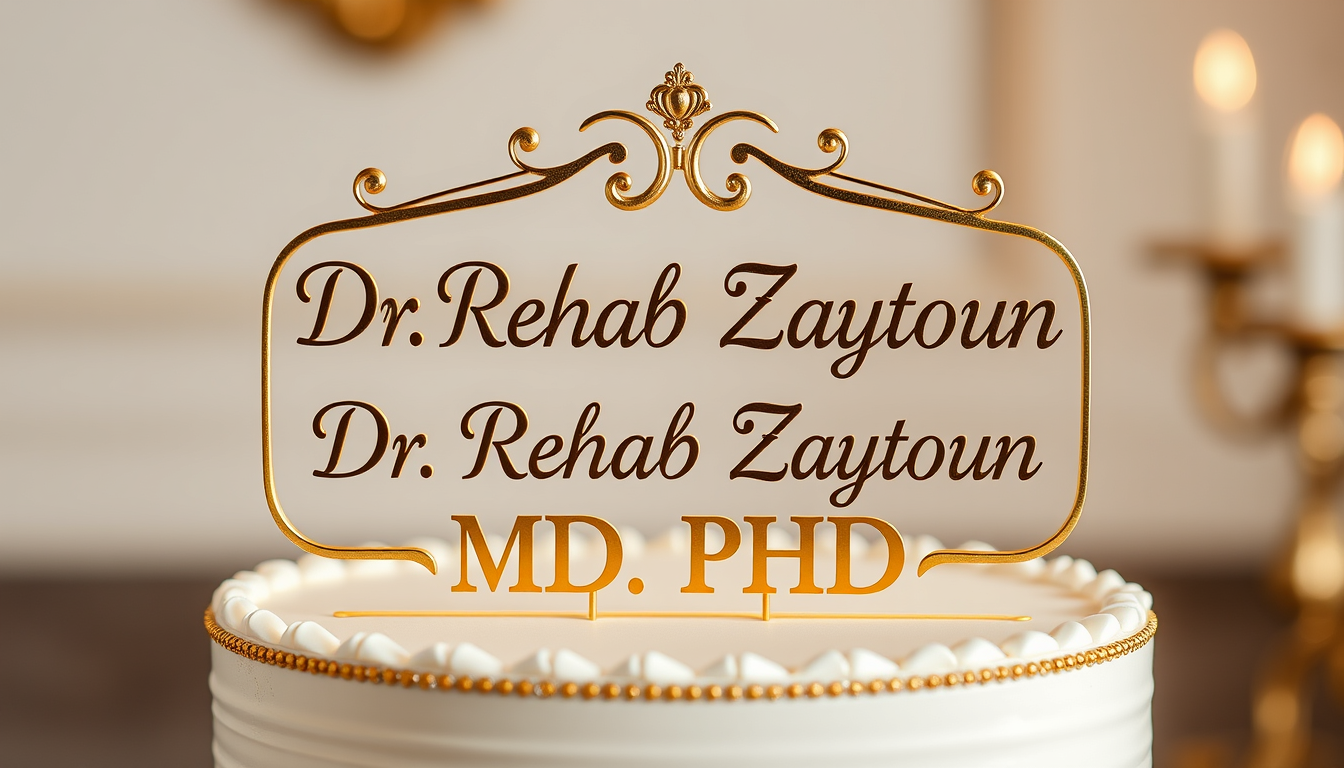 Main art studio: Create a very luxurious elegant cake topper with EXACT text: "Dr. Rehab Zaytoun" on line 1 and "MD, PhD" on line 2. Use flawless readable typography,