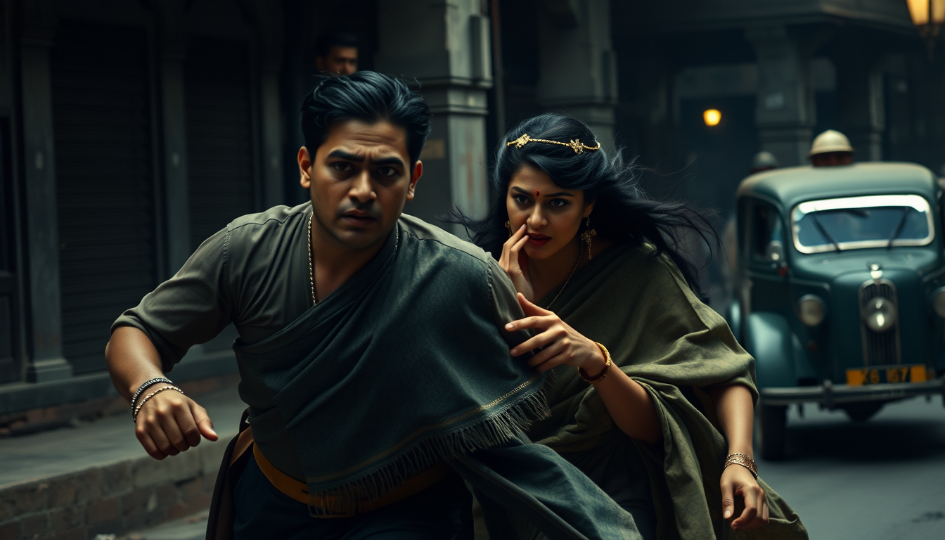 Main art studio: Ultra photorealistic cinematic 4K historical reconstruction, Neera Arya rushing toward Netaji Subhas Chandra Bose to protect him, determined expressio