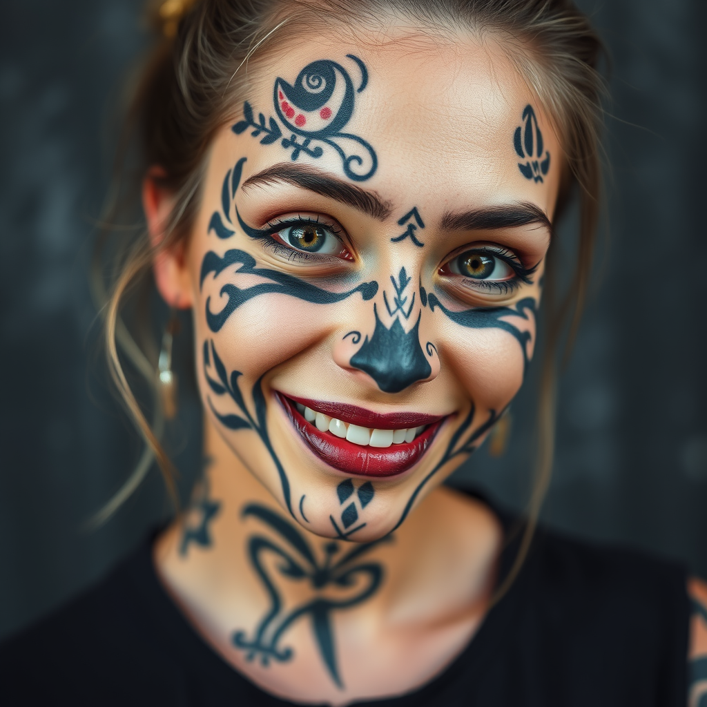 Main art studio: Photo of young woman with entire face blackout tattoo smiling at camera