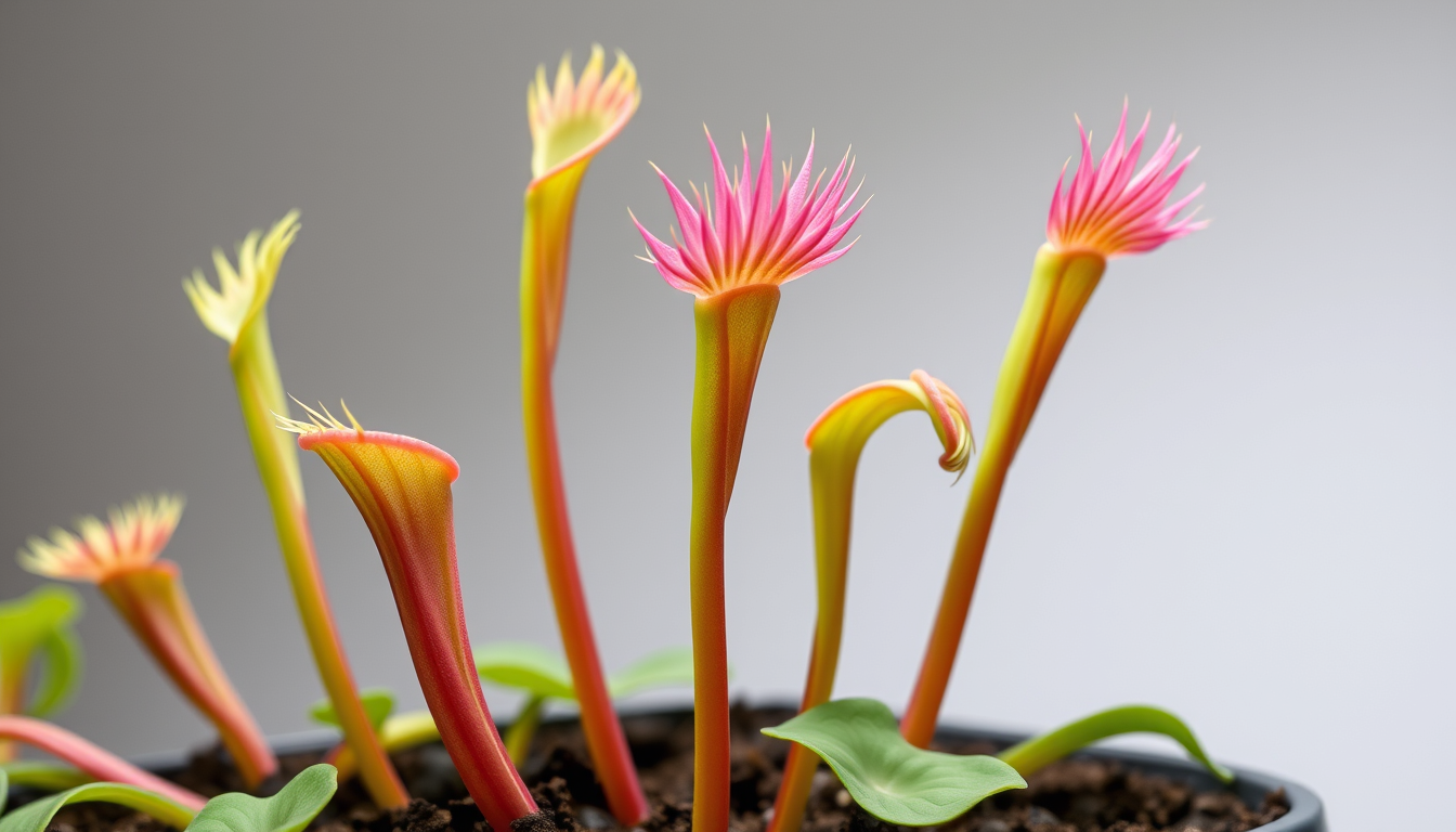 Main art studio: venus flytraps but are much bigger and taller and are flatter and have a long and slim stem and are green with a pink hue and dont look weird
