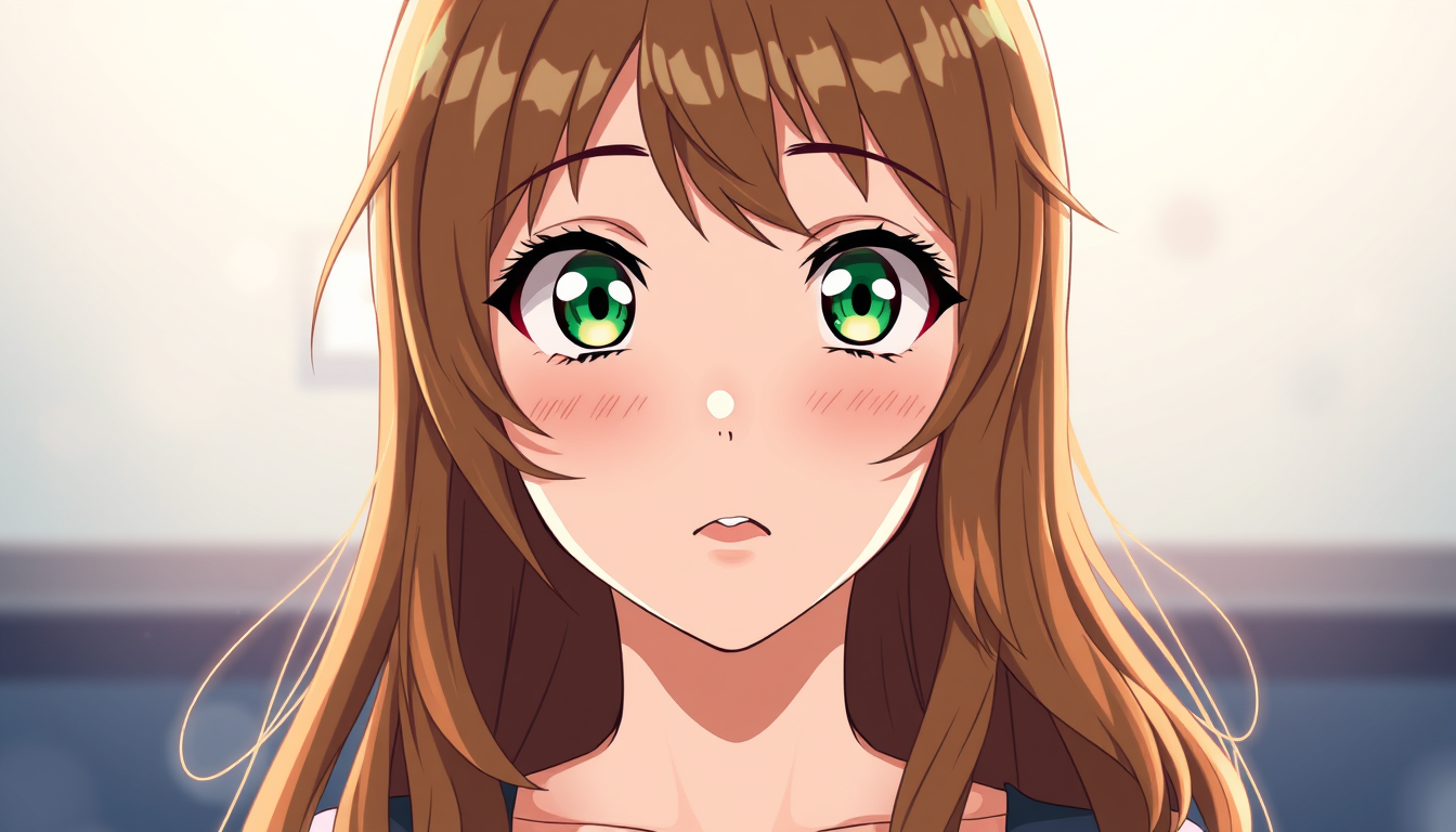 Anime idea: anime style, vibrant colors, expressive eyes, Can u make me a girl whith Brown hair whith blonde highlights and green eyes and a little bit of freckle