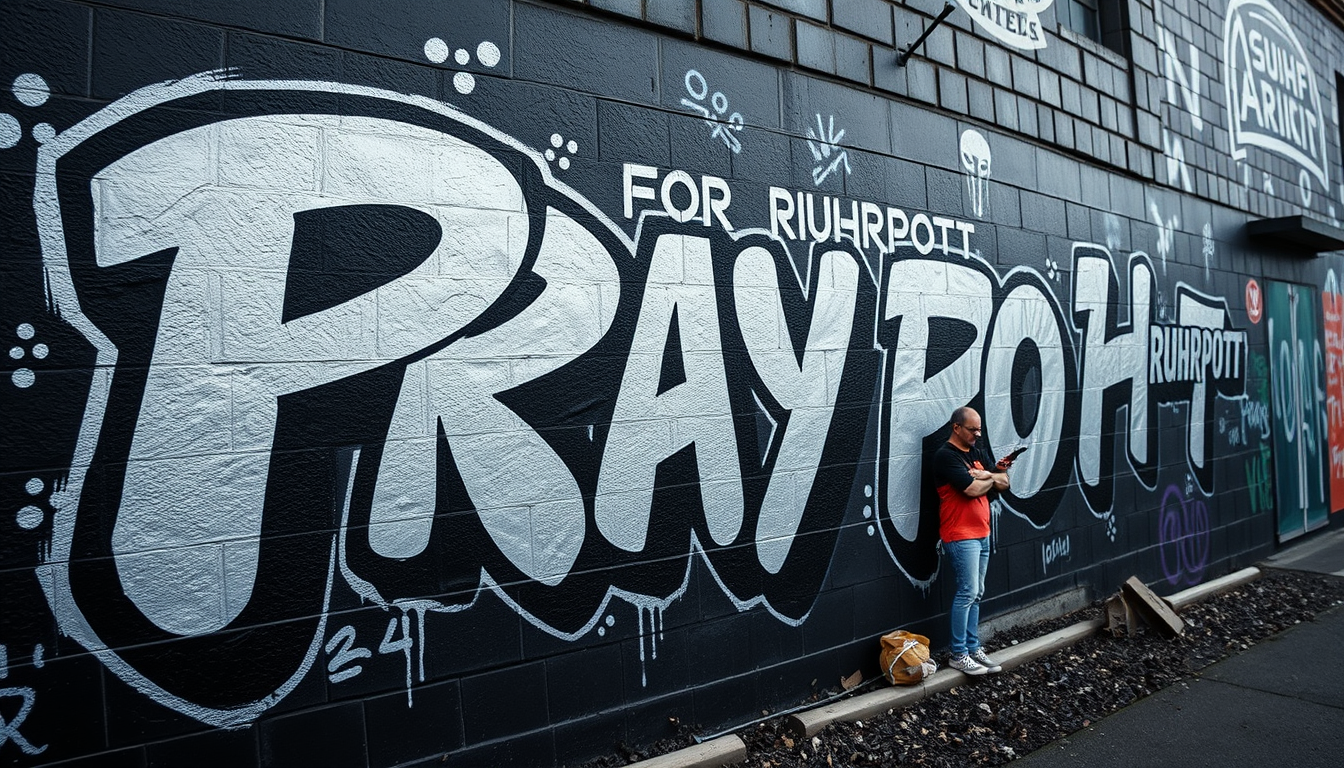 AI Art prompt example created from the prompt: Do a photrealistic photo of a "Pray For Ruhrpott" bombing graffity in a berlin black crome bomber style like TMR or BC crew make it big on a