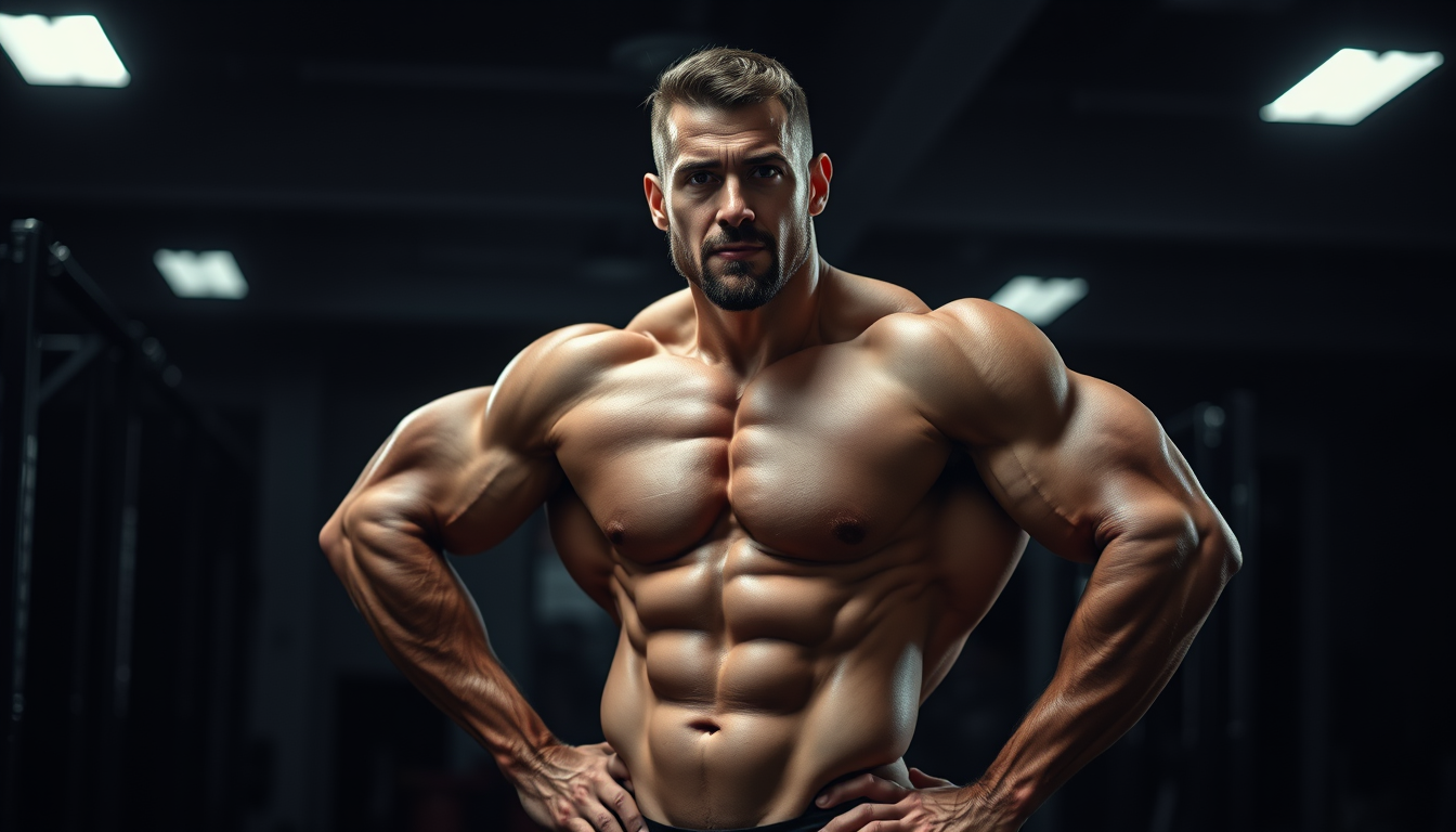 Main art studio: A muscular male bodybuilder poses in a dimly lit gym, showcasing his physique.