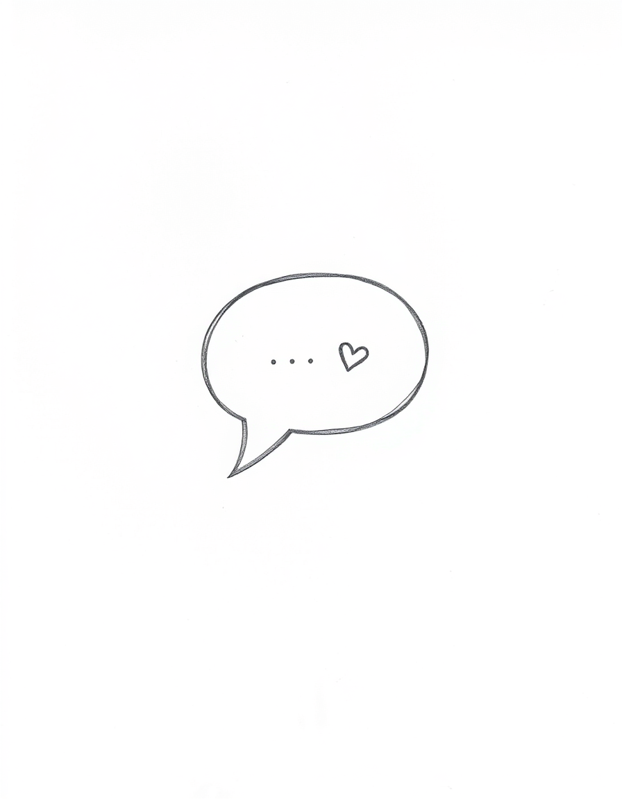 Main art studio: Minimalist black and white pencil sketch of a simple little speech bubble floating alone, with a small star and heart inside it, suggesting a special 