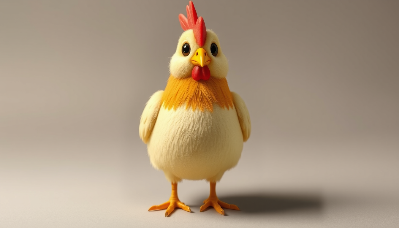Main art studio: 1. Overall shape Body: Small, slightly chubby chicken with an almost oval/egg-shaped body. Not realistic. Think cute cartoon + deliberately stupid. Bi