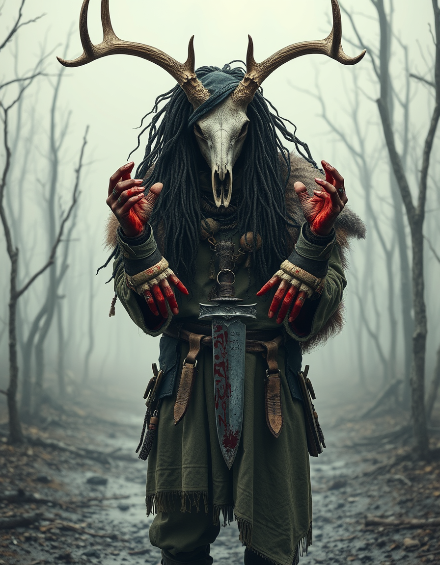 AI Art prompt example created from the prompt: dark fantasy illustration, European pagan shaman, cowboy shot, three-quarter front view. Wearing a weathered deer skull helmet with large an