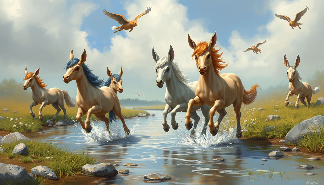 Creatures idea: original fantasy creature concept, imaginative anatomy, detailed texture, 5 my little ponys are running through a river with angry flying rabbits chas