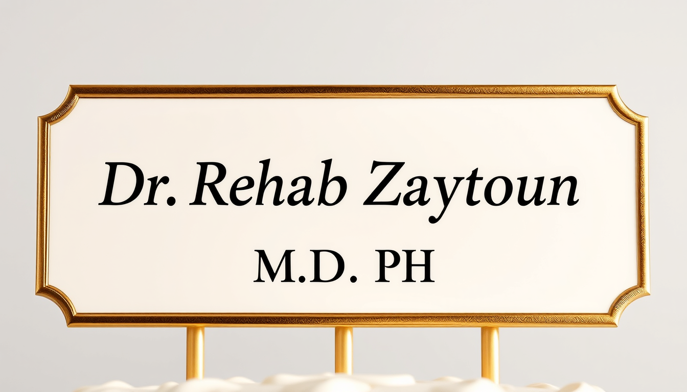 Main art studio: Ultra-luxury cake topper, elegant ivory plaque, thin metallic-gold border, premium refined serif typography. EXACTLY two lines: "Dr. Rehab Zaytoun" an