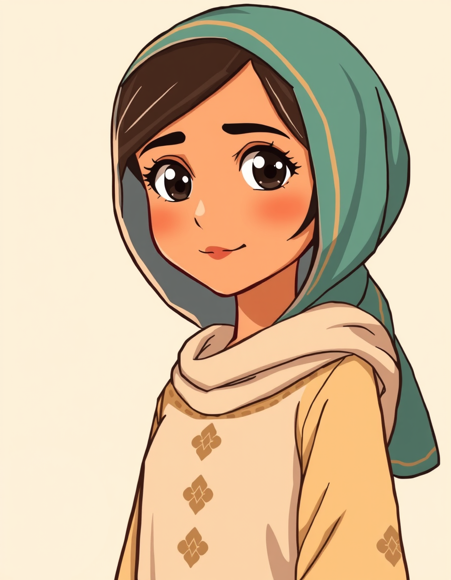 Anime idea created from the prompt: anime style, vibrant colors, expressive eyes, Create a high-quality 2D hand-drawn anime character design for an original Yemeni Islamic fami