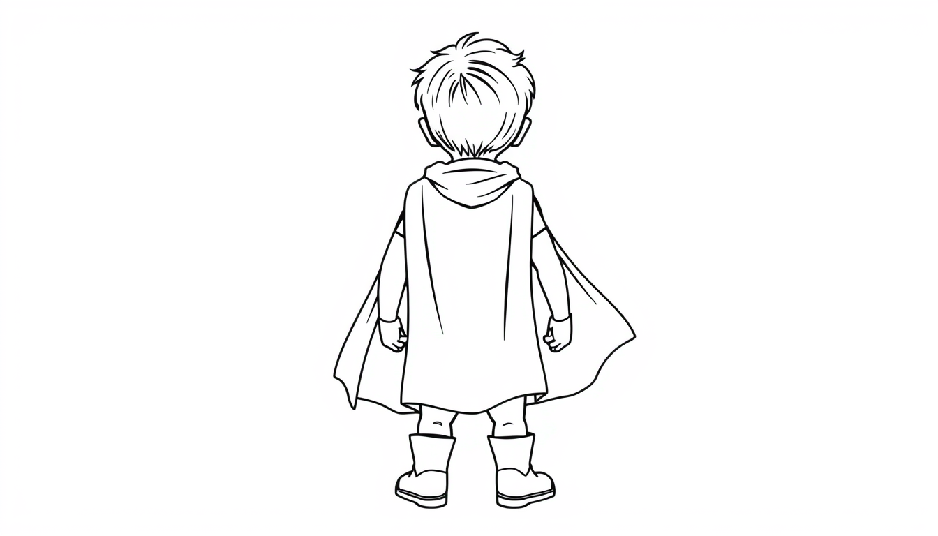 Main art studio: line art the back of a child superhero with cape