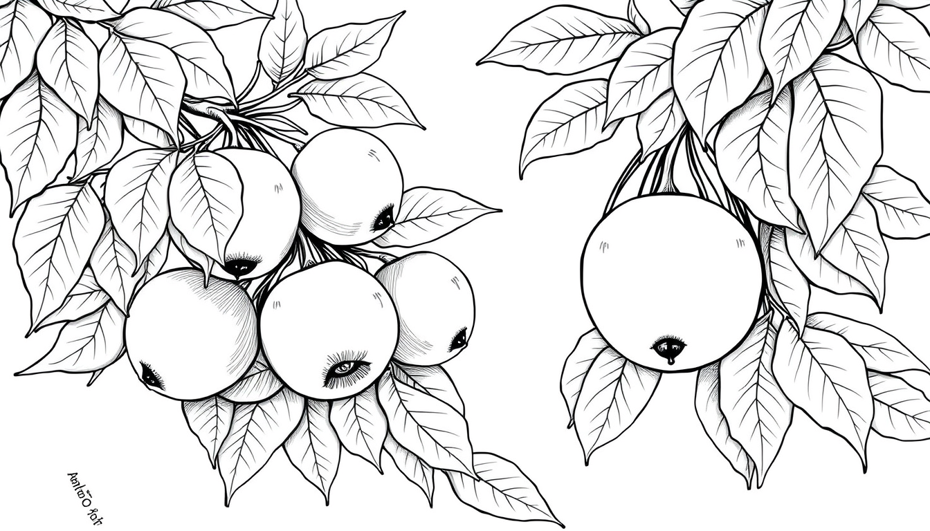Main art studio: coloring page, A4 portrait, black ink line art on white background, fruit orchard