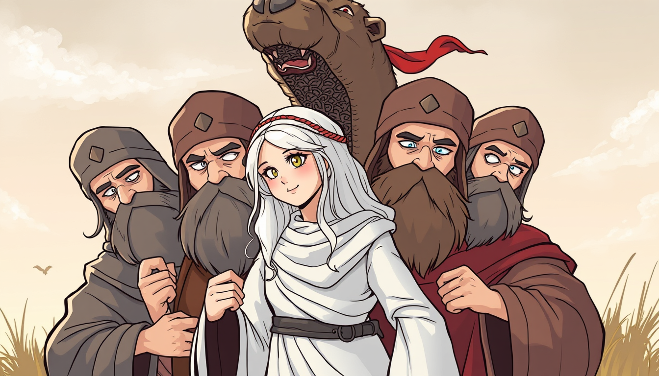 Main art studio: couverture d'une bande dessinée intitulée Blanche Neige et les sept Muslim, on doit voir Blanche Neige avec sept musulmans barbus autour d'elle, un de
