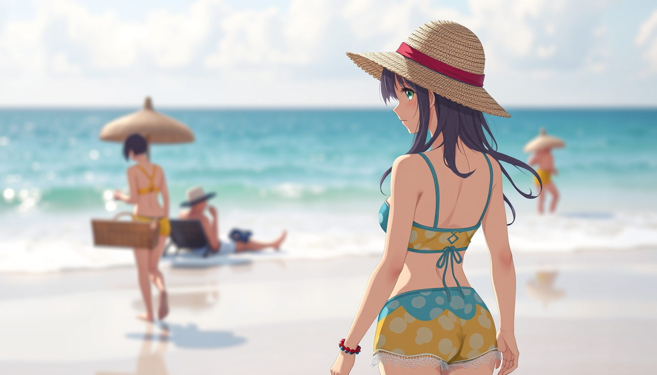 Main art studio: A anime girl in beach costume with shes back at me