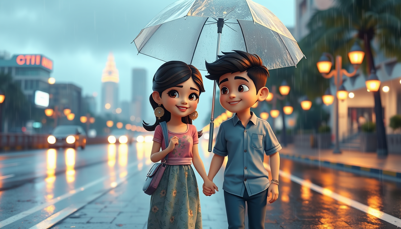 Main art studio: Cute romantic 3D cartoon style, the same beautiful young Sri Lankan girl and handsome young Sri Lankan boy from the previous scenes, walking together