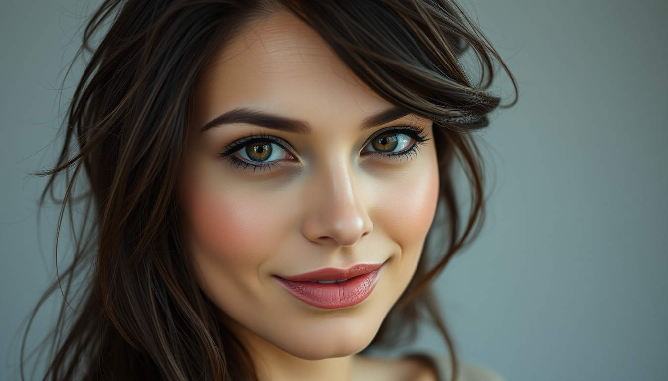 AI Art prompt example created from the prompt: She is an adult woman with long dark brown to nearly black hair, naturally tousled with a slightly messy texture. Expressive warm brown/haze