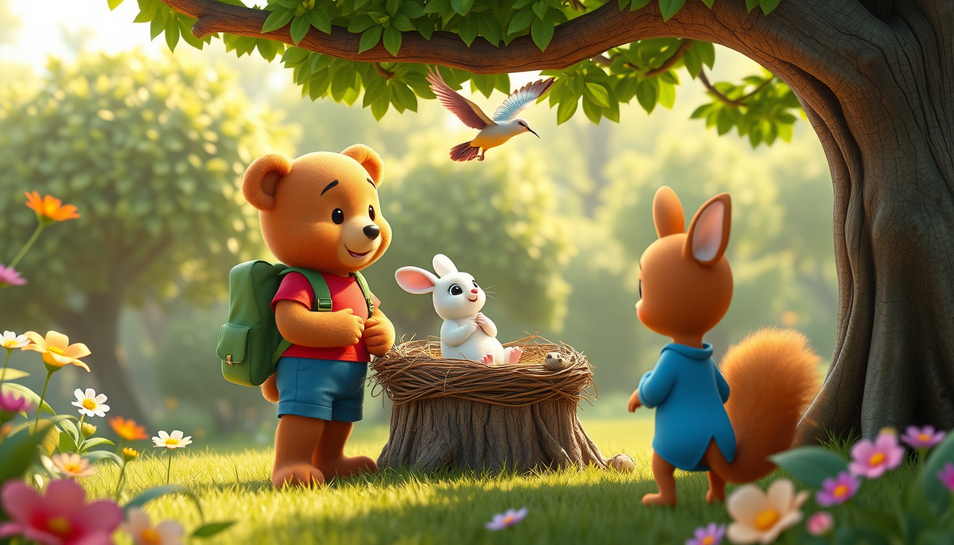 Main art studio: 3D animated children's cartoon. Bruno, the cute brown bear in a red T-shirt, blue shorts, and green backpack, stands with Benny, a small white rabbit