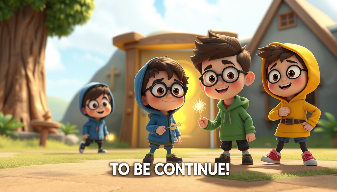 Main art studio: Create a 60-second vertical 9:16 3D cartoon for kids. Voody, a brave boy in a blue hoodie, Denny, a smart boy with glasses and a green hoodie, and Add