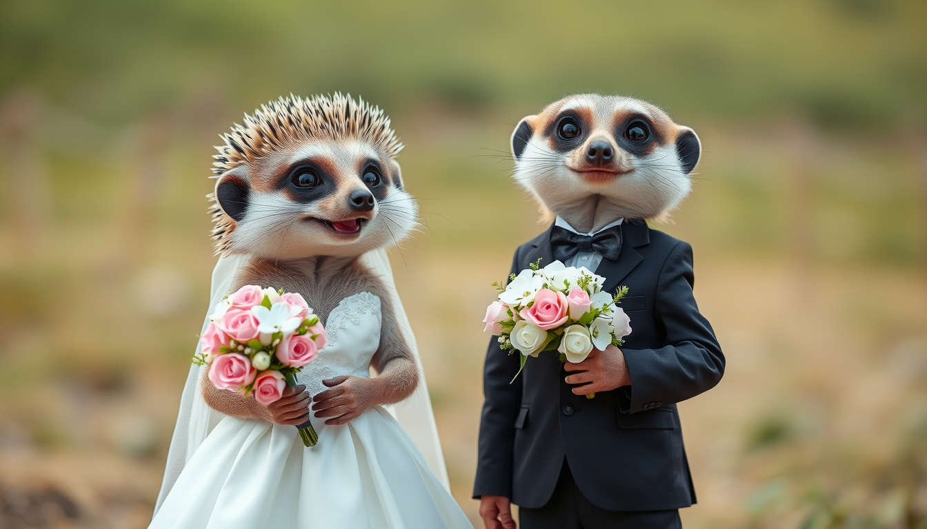 Main art studio: A wedding picture featuring a male hedgehog and a female meerkat. full view, standing, smile. female meerkat with white wedding dress and bouquet of f