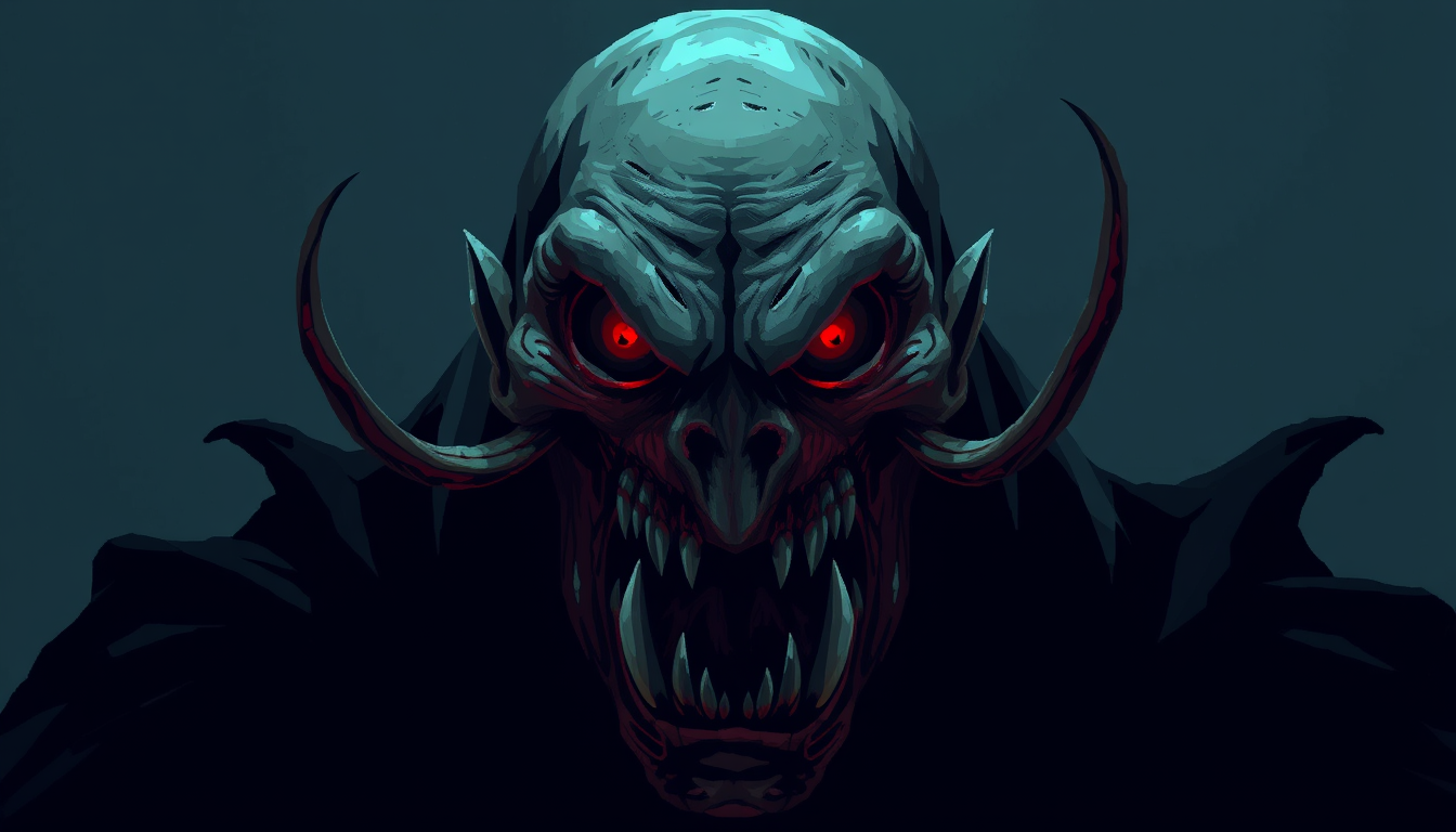 Main art studio: Um vampiro gigante e assustador para um jogo 2D de terror, com a boca escancarada, caninos extremamente longos e afiados, olhos completamente pretos c