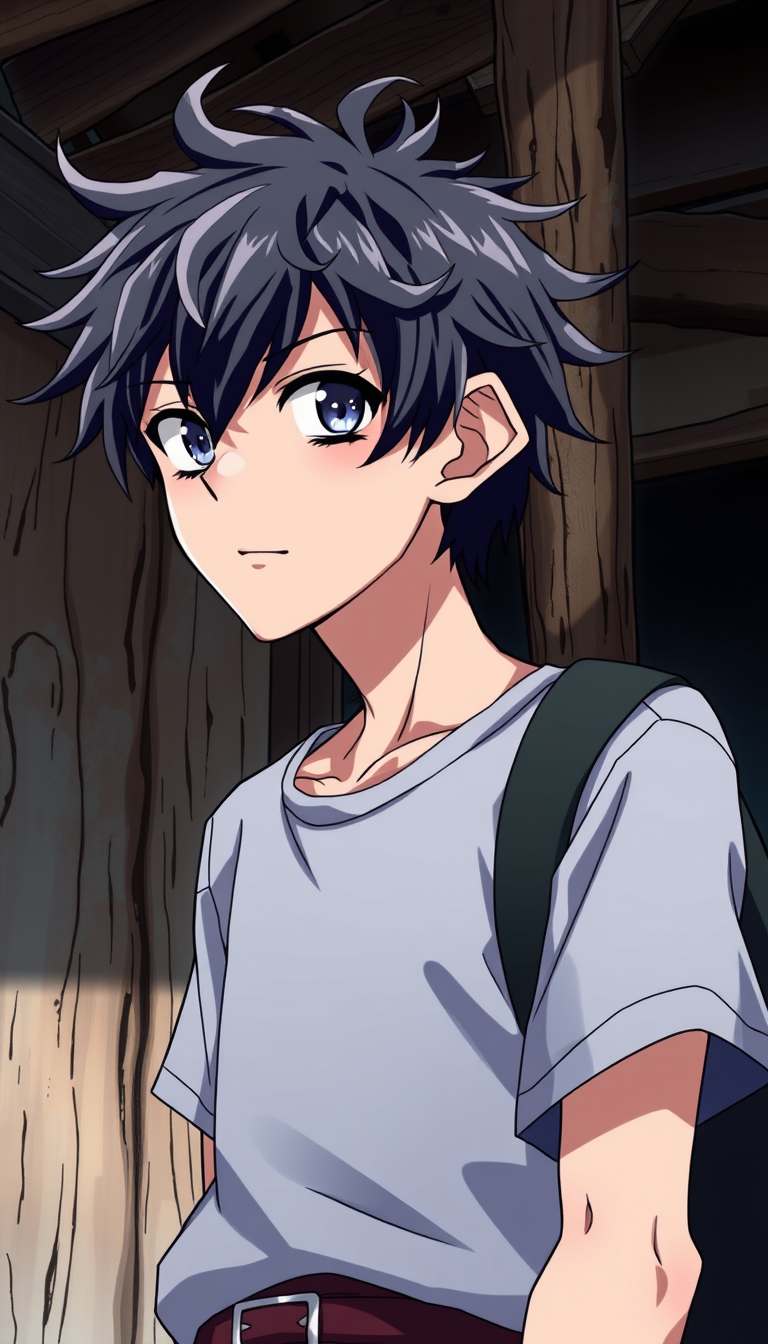 Anime idea: anime style, vibrant colors, expressive eyes, Anime male protagonist, tall and scrawny, pale skin, sharp jawline, messy black hair, dead black-blue ey