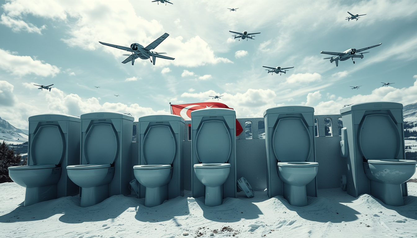 Main art studio: Crea una imagen de una guerra de skibidi toilets con remera de turquia contra varios cerdos y drones militares turcos volando alrrededor