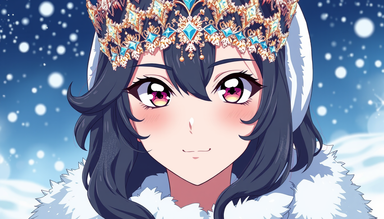 Anime idea: anime style, vibrant colors, expressive eyes, ANIME permafrost pam wears a heavy, glittering tiara radiating sub-zero temperatures and with wavy hair 