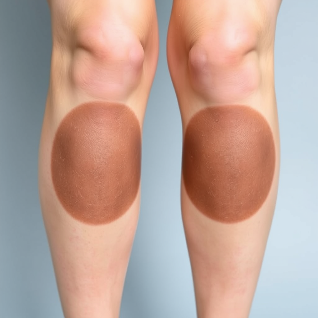 Main art studio: A realistic skincare before-treatment photo of two human legs, both legs with fair and healthy skin tone. Only the knee areas have severe dark pigment